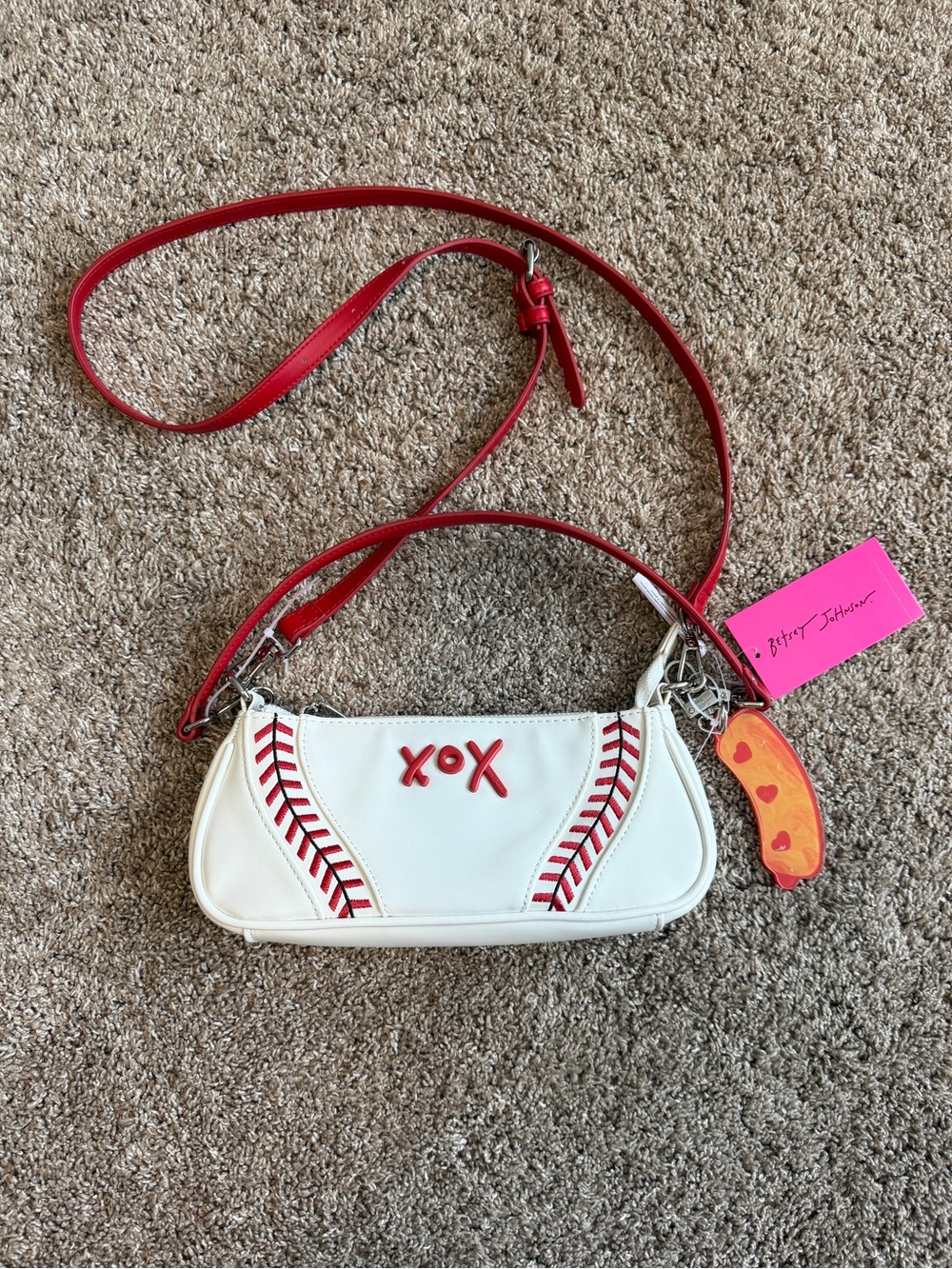 Betsey Johnson XOX White Red Mini Baseball Crossbody Purse NEW Hot Dog Sports
